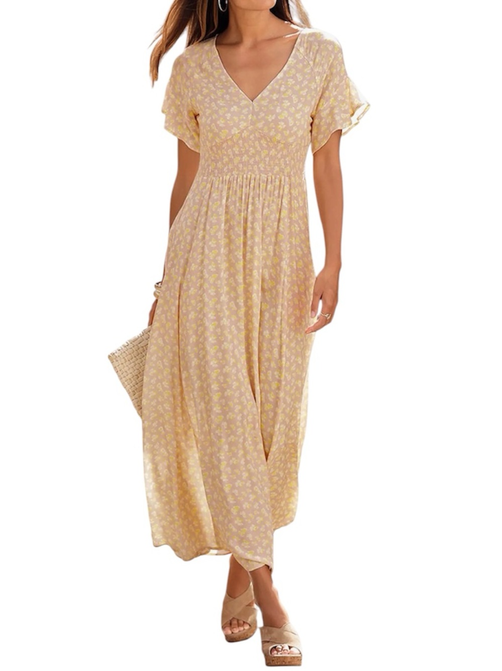 LASCANA Yellow Floral V-Neck Maxi Dress with Smocked Waist